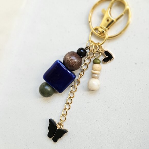 Blue Beaded Keychain with Black Butterfly and Heart Charms - Picture 8 of 8